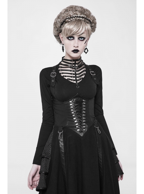 Off-Shoulder Back Cross Leather Straps Metal Buckle Back Waist Lace-Up Black Punk Long Dress