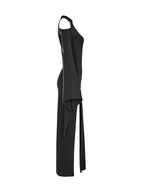 Off-Shoulder Chest Hollowed-Out Moon Pattern Horn Sleeves Black Punk High Fork Long Knit Dress