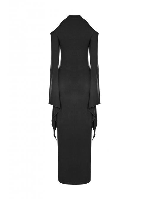 Off-Shoulder Chest Hollowed-Out Moon Pattern Horn Sleeves Black Punk High Fork Long Knit Dress