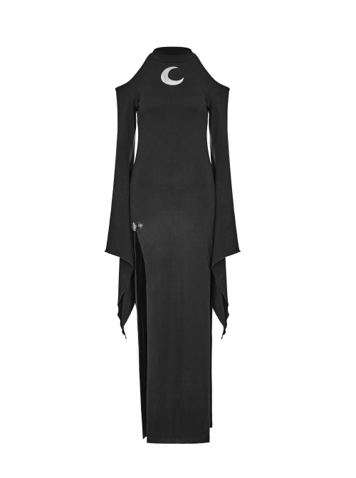 Off-Shoulder Chest Hollowed-Out Moon Pattern Horn Sleeves Black Punk High Fork Long Knit Dress