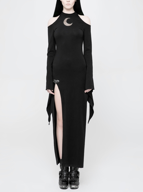 Off-Shoulder Chest Hollowed-Out Moon Pattern Horn Sleeves Black Punk High Fork Long Knit Dress