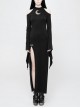 Off-Shoulder Chest Hollowed-Out Moon Pattern Horn Sleeves Black Punk High Fork Long Knit Dress
