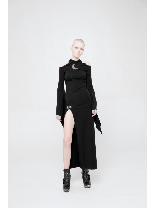 Off-Shoulder Chest Hollowed-Out Moon Pattern Horn Sleeves Black Punk High Fork Long Knit Dress