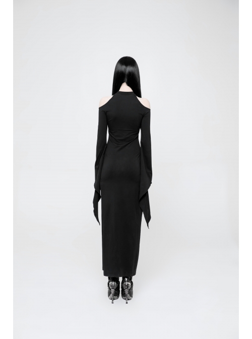 Off-Shoulder Chest Hollowed-Out Moon Pattern Horn Sleeves Black Punk High Fork Long Knit Dress