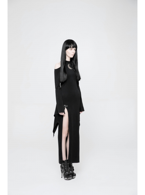 Off-Shoulder Chest Hollowed-Out Moon Pattern Horn Sleeves Black Punk High Fork Long Knit Dress