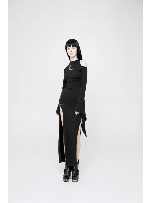 Off-Shoulder Chest Hollowed-Out Moon Pattern Horn Sleeves Black Punk High Fork Long Knit Dress