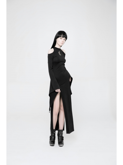 Off-Shoulder Chest Hollowed-Out Moon Pattern Horn Sleeves Black Punk High Fork Long Knit Dress