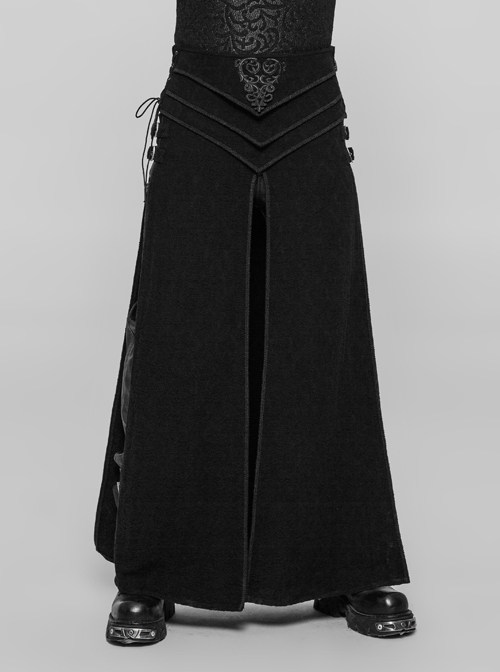 Vintage Jacquard Front Embroidery Side Metal Buckle Hasp Lace-Up Black Punk Slit Long Kilt