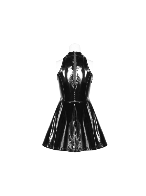 Gloss Coated Knit Small High Collar Off-Shoulder Chest Hollow-Out Lace-Up Back Zipper High Waist Black Punk Mini Dress