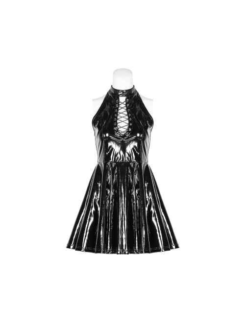 Gloss Coated Knit Small High Collar Off-Shoulder Chest Hollow-Out Lace-Up Back Zipper High Waist Black Punk Mini Dress