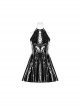 Gloss Coated Knit Small High Collar Off-Shoulder Chest Hollow-Out Lace-Up Back Zipper High Waist Black Punk Mini Dress