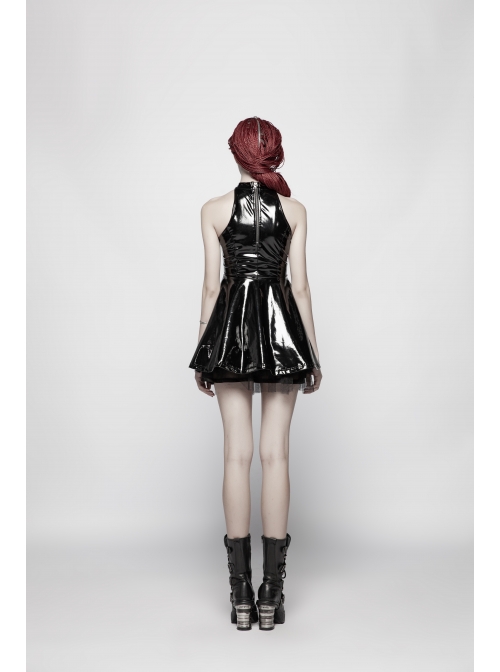 Gloss Coated Knit Small High Collar Off-Shoulder Chest Hollow-Out Lace-Up Back Zipper High Waist Black Punk Mini Dress
