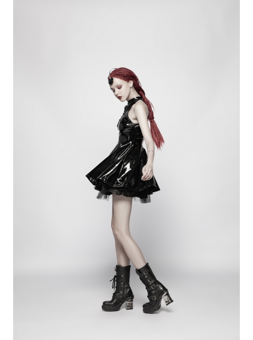 Gloss Coated Knit Small High Collar Off-Shoulder Chest Hollow-Out Lace-Up Back Zipper High Waist Black Punk Mini Dress