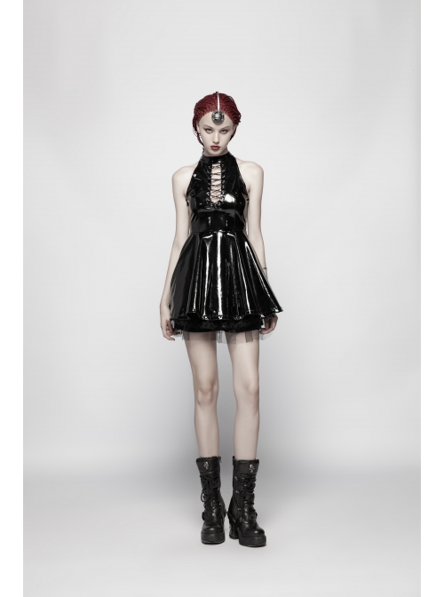 Gloss Coated Knit Small High Collar Off-Shoulder Chest Hollow-Out Lace-Up Back Zipper High Waist Black Punk Mini Dress