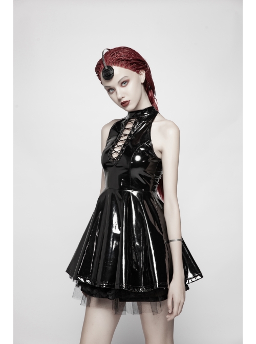 Gloss Coated Knit Small High Collar Off-Shoulder Chest Hollow-Out Lace-Up Back Zipper High Waist Black Punk Mini Dress