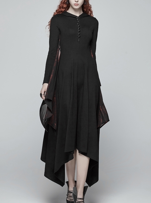 Chest Embroidery Sleeve Stitching Wine Red-Coated Chiffon-Made Batwing Styling Black Gothic Long Hooded Dress