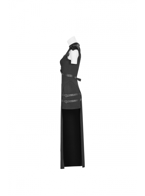 Armor Shoulder Chest Hollow-Out Metal Rings Leather Hasp Asymmetric Hem Black Punk Knit Dress