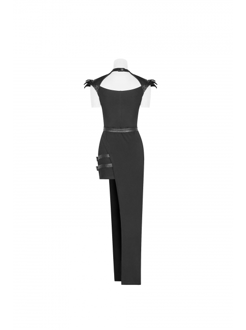 Armor Shoulder Chest Hollow-Out Metal Rings Leather Hasp Asymmetric Hem Black Punk Knit Dress