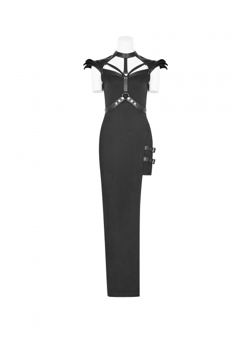Armor Shoulder Chest Hollow-Out Metal Rings Leather Hasp Asymmetric Hem Black Punk Knit Dress