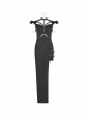 Armor Shoulder Chest Hollow-Out Metal Rings Leather Hasp Asymmetric Hem Black Punk Knit Dress