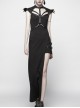 Armor Shoulder Chest Hollow-Out Metal Rings Leather Hasp Asymmetric Hem Black Punk Knit Dress