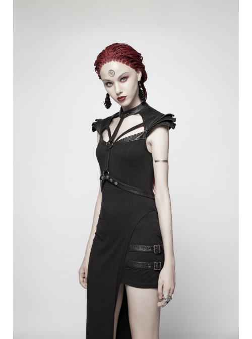 Armor Shoulder Chest Hollow-Out Metal Rings Leather Hasp Asymmetric Hem Black Punk Knit Dress