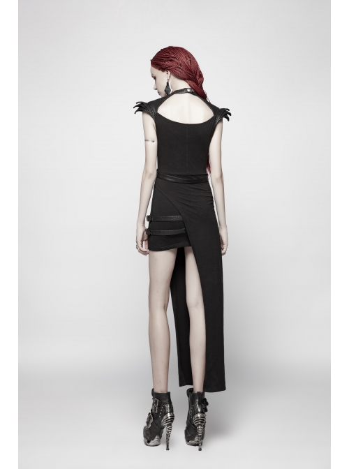 Armor Shoulder Chest Hollow-Out Metal Rings Leather Hasp Asymmetric Hem Black Punk Knit Dress