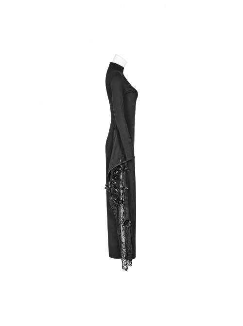 Small High Collar Chest Heart-Shaped Hollow-Out Long Sleeves Lace Sleeve Hem Slit Lace-Up Black Gothic Maxi Dress