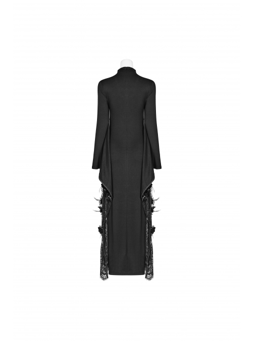 Small High Collar Chest Heart-Shaped Hollow-Out Long Sleeves Lace Sleeve Hem Slit Lace-Up Black Gothic Maxi Dress