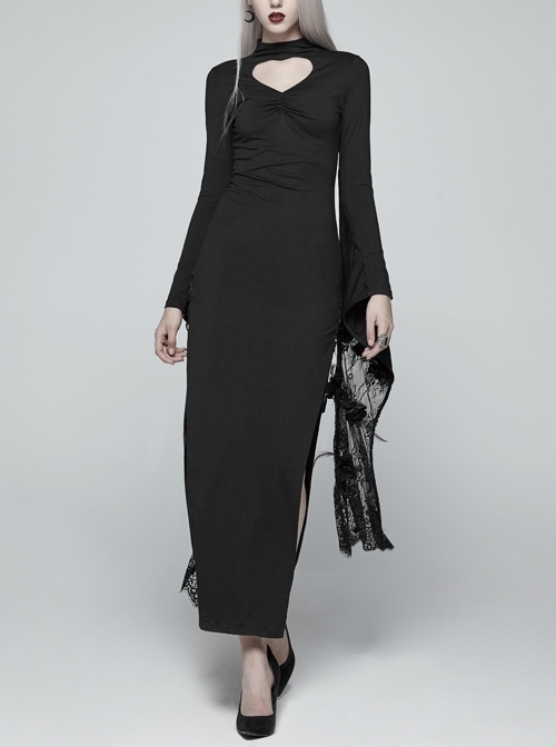 Small High Collar Chest Heart-Shaped Hollow-Out Long Sleeves Lace Sleeve Hem Slit Lace-Up Black Gothic Maxi Dress