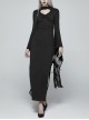 Small High Collar Chest Heart-Shaped Hollow-Out Long Sleeves Lace Sleeve Hem Slit Lace-Up Black Gothic Maxi Dress
