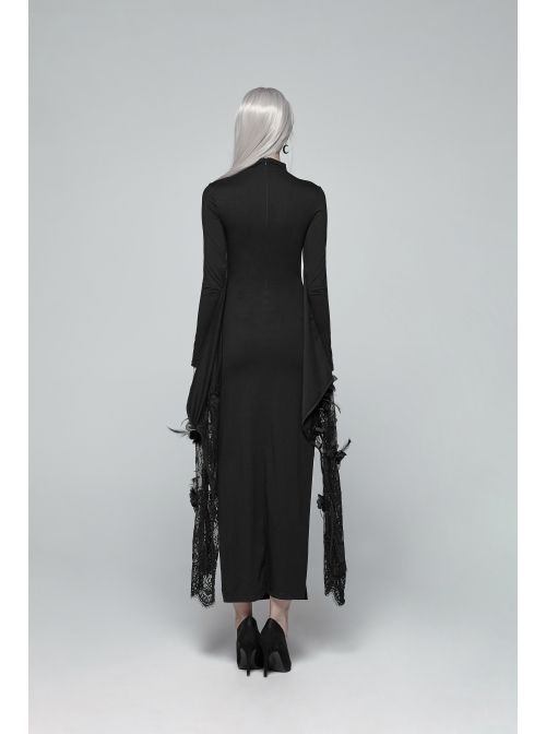 Small High Collar Chest Heart-Shaped Hollow-Out Long Sleeves Lace Sleeve Hem Slit Lace-Up Black Gothic Maxi Dress