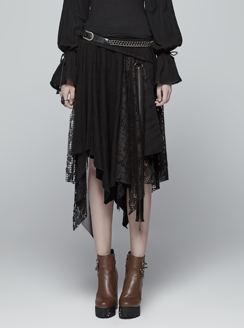 Metal Ring Braided Belt Inkjet Gradient Splice Asymmetric Lace Hem Black Punk Skirt