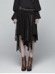 Metal Ring Braided Belt Inkjet Gradient Splice Asymmetric Lace Hem Black Punk Skirt