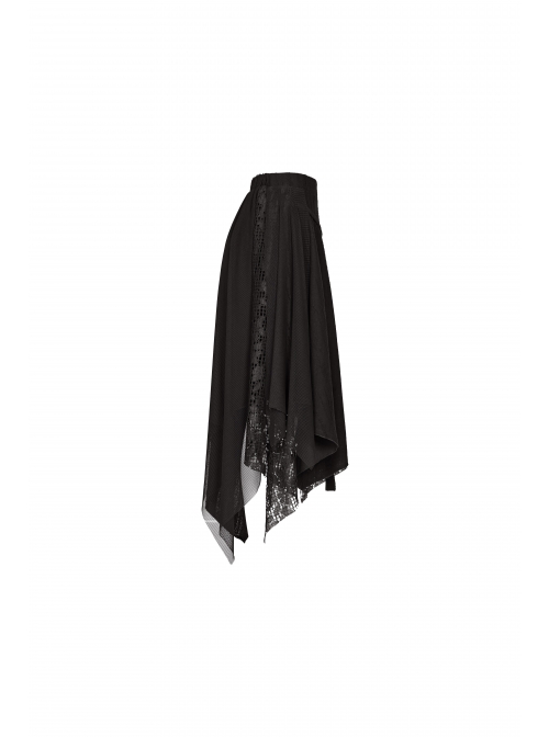 Metal Ring Braided Belt Inkjet Gradient Splice Asymmetric Lace Hem Black Punk Skirt