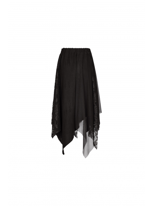 Metal Ring Braided Belt Inkjet Gradient Splice Asymmetric Lace Hem Black Punk Skirt