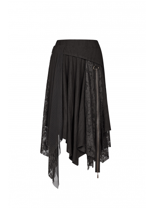 Metal Ring Braided Belt Inkjet Gradient Splice Asymmetric Lace Hem Black Punk Skirt