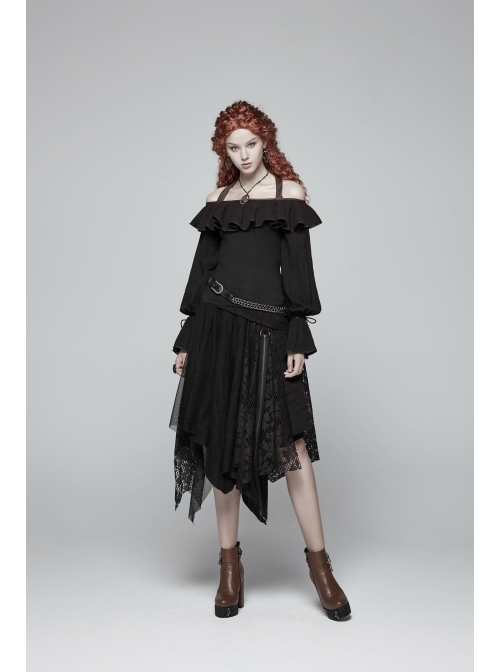 Metal Ring Braided Belt Inkjet Gradient Splice Asymmetric Lace Hem Black Punk Skirt