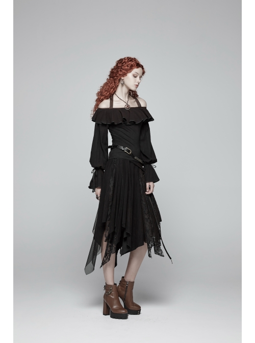 Metal Ring Braided Belt Inkjet Gradient Splice Asymmetric Lace Hem Black Punk Skirt