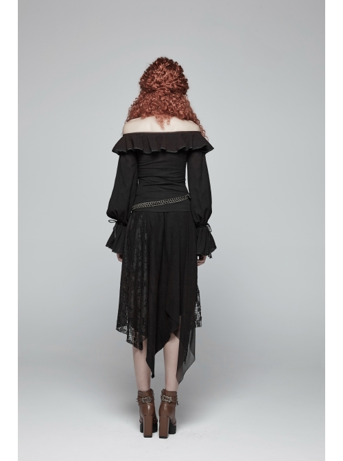 Metal Ring Braided Belt Inkjet Gradient Splice Asymmetric Lace Hem Black Punk Skirt