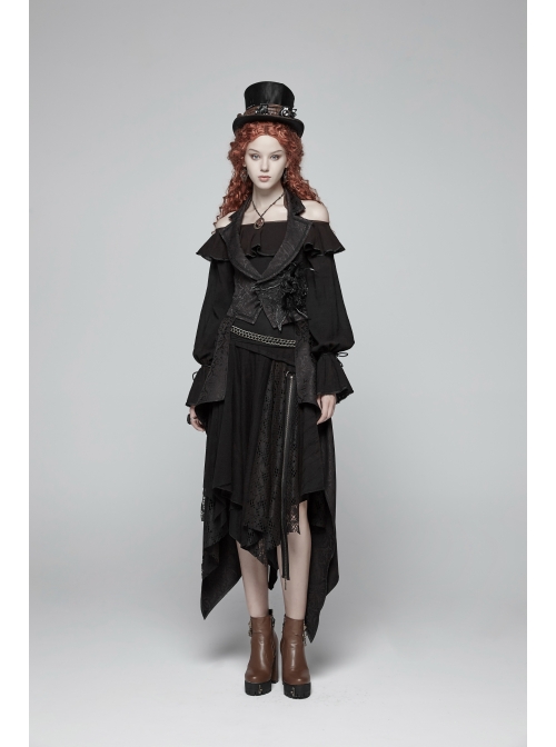 Metal Ring Braided Belt Inkjet Gradient Splice Asymmetric Lace Hem Black Punk Skirt