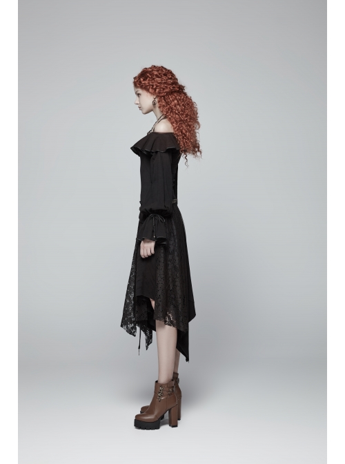 Metal Ring Braided Belt Inkjet Gradient Splice Asymmetric Lace Hem Black Punk Skirt