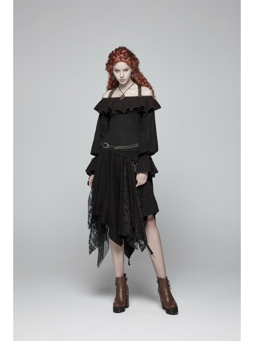 Metal Ring Braided Belt Inkjet Gradient Splice Asymmetric Lace Hem Black Punk Skirt