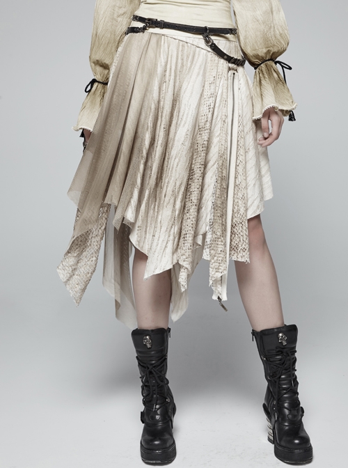 Metal Ring Braided Belt Inkjet Gradient Splice Asymmetric Lace Hem White Punk Skirt