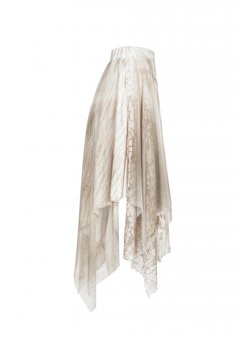 Metal Ring Braided Belt Inkjet Gradient Splice Asymmetric Lace Hem White Punk Skirt