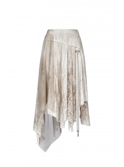 Metal Ring Braided Belt Inkjet Gradient Splice Asymmetric Lace Hem White Punk Skirt