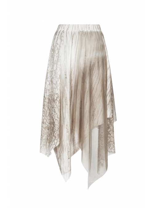 Metal Ring Braided Belt Inkjet Gradient Splice Asymmetric Lace Hem White Punk Skirt
