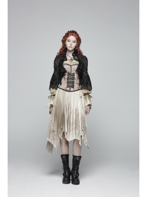 Metal Ring Braided Belt Inkjet Gradient Splice Asymmetric Lace Hem White Punk Skirt
