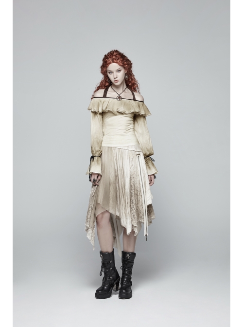 Metal Ring Braided Belt Inkjet Gradient Splice Asymmetric Lace Hem White Punk Skirt