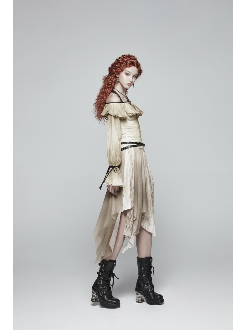 Metal Ring Braided Belt Inkjet Gradient Splice Asymmetric Lace Hem White Punk Skirt